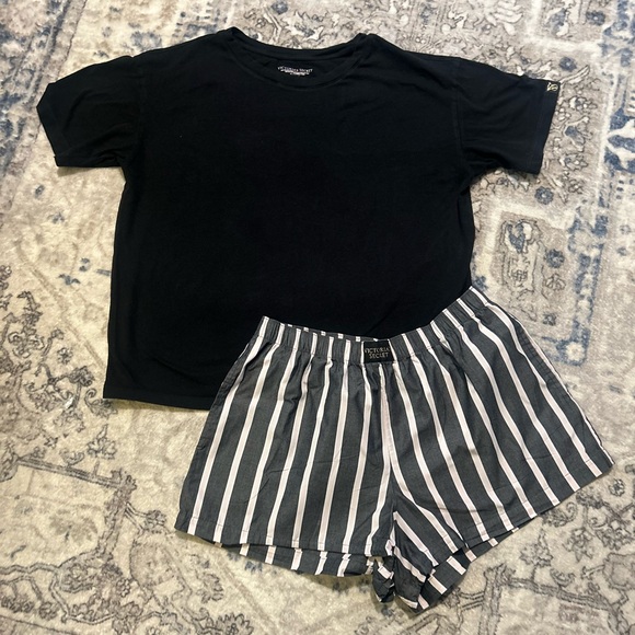Victoria’s Secret Black T-Shirt and Striped Shorts Pajama Set - Picture 1 of 5